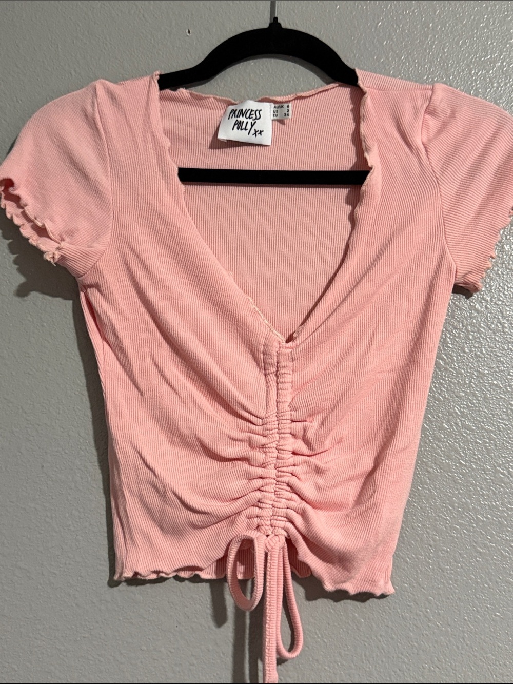 Princess Polly Soft Pink Ruched Tie-Front Crop Top